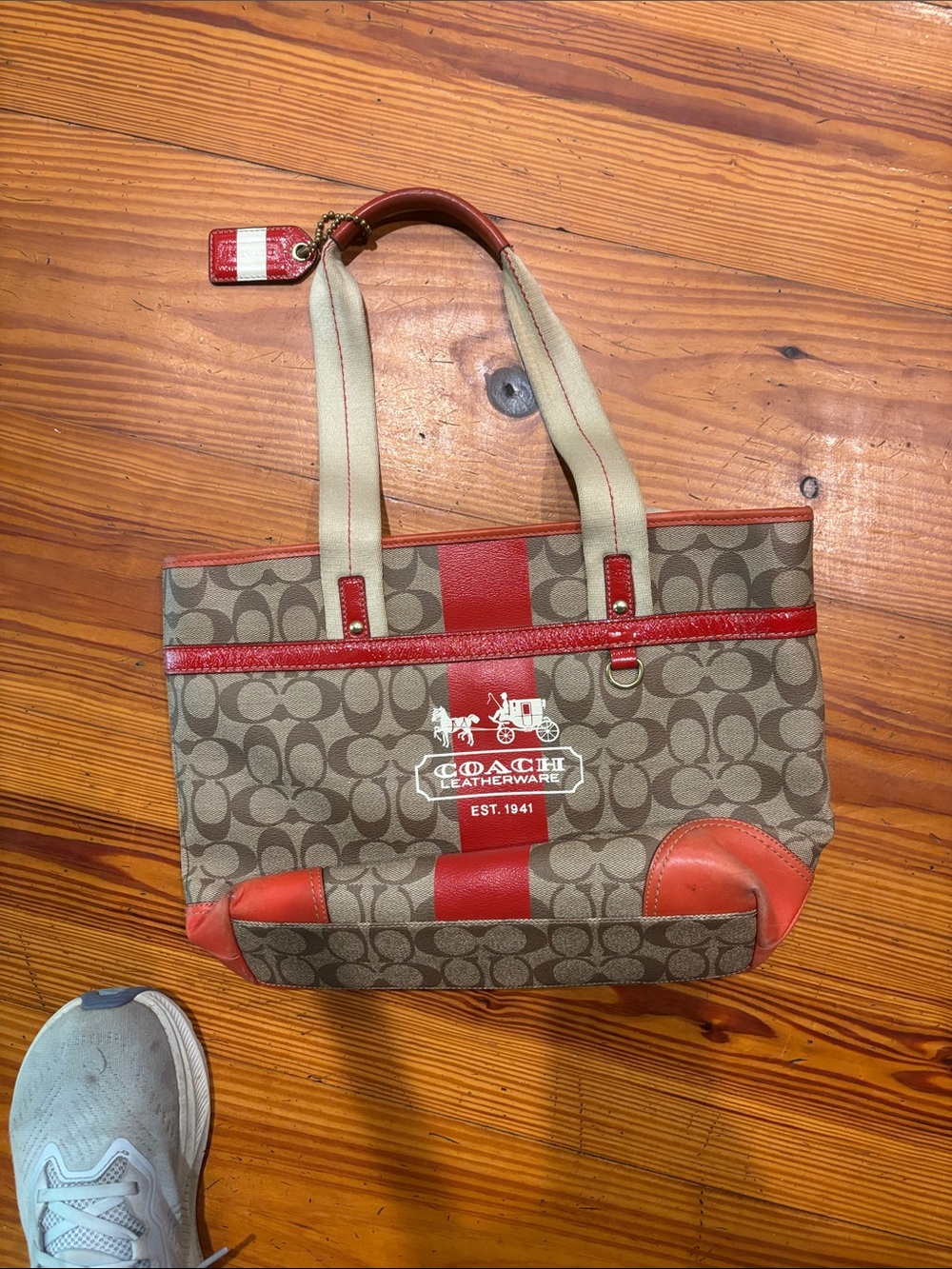 Coach Brown Signature Canvas Tote with Red Trim